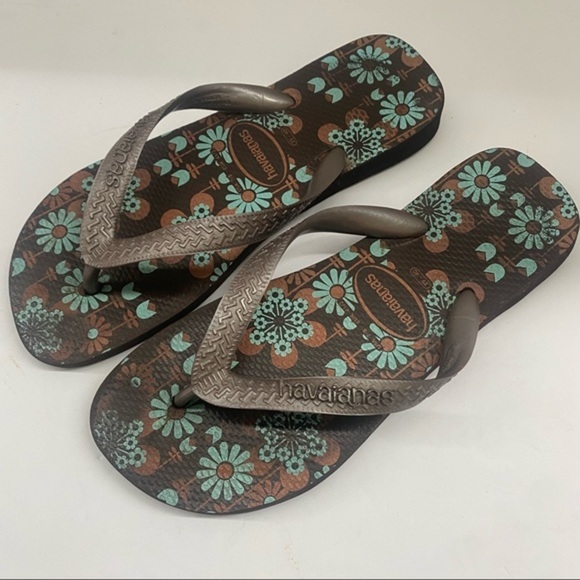 Havaianas‎ 7/8 brown blue flowers flip flops - Picture 1 of 6